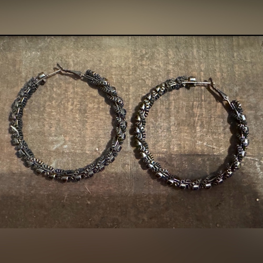 Textured Metallic Hoop Earrings - Silver Tone